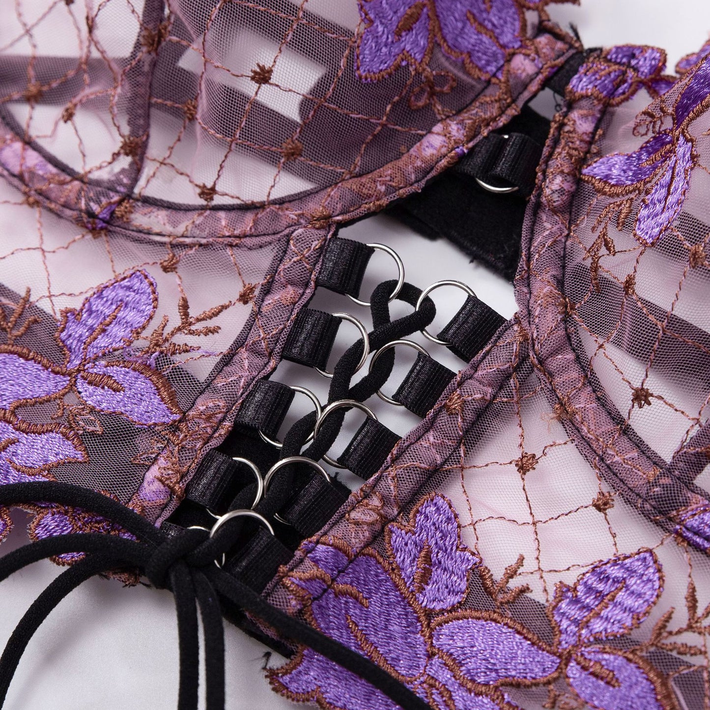 Amazon Cross-Border European and American Thin Embroidered Bra Set Mesh Floral Lingerie Women's Garter Belt Sexy Lingerie Set