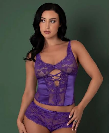 SATIN PETALS BUSTIER & BOY SHORT PURPLE M
