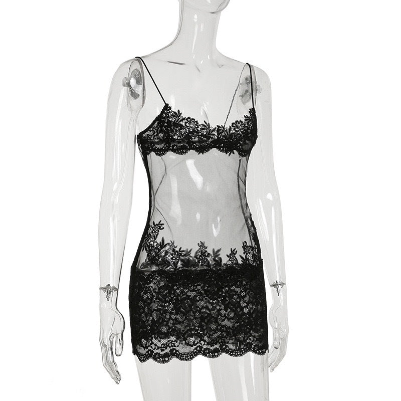 European and American Cross-Border Sexy Mesh Lace Sheer Camisole Dress V High Collar Waist Slim Fit Bodycon Skirt Hot Girl Short Skirt