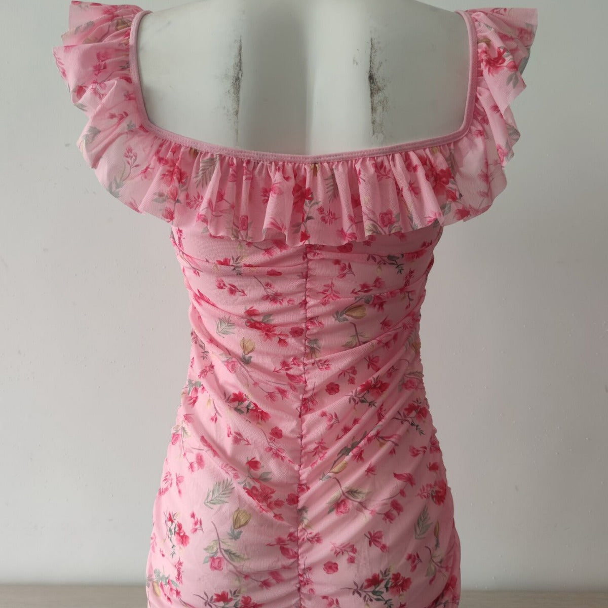 Europe and America Sheer Bloom Set Sexy Floral Lingerie Mesh Printed Ruched Temptation Nightdress Set