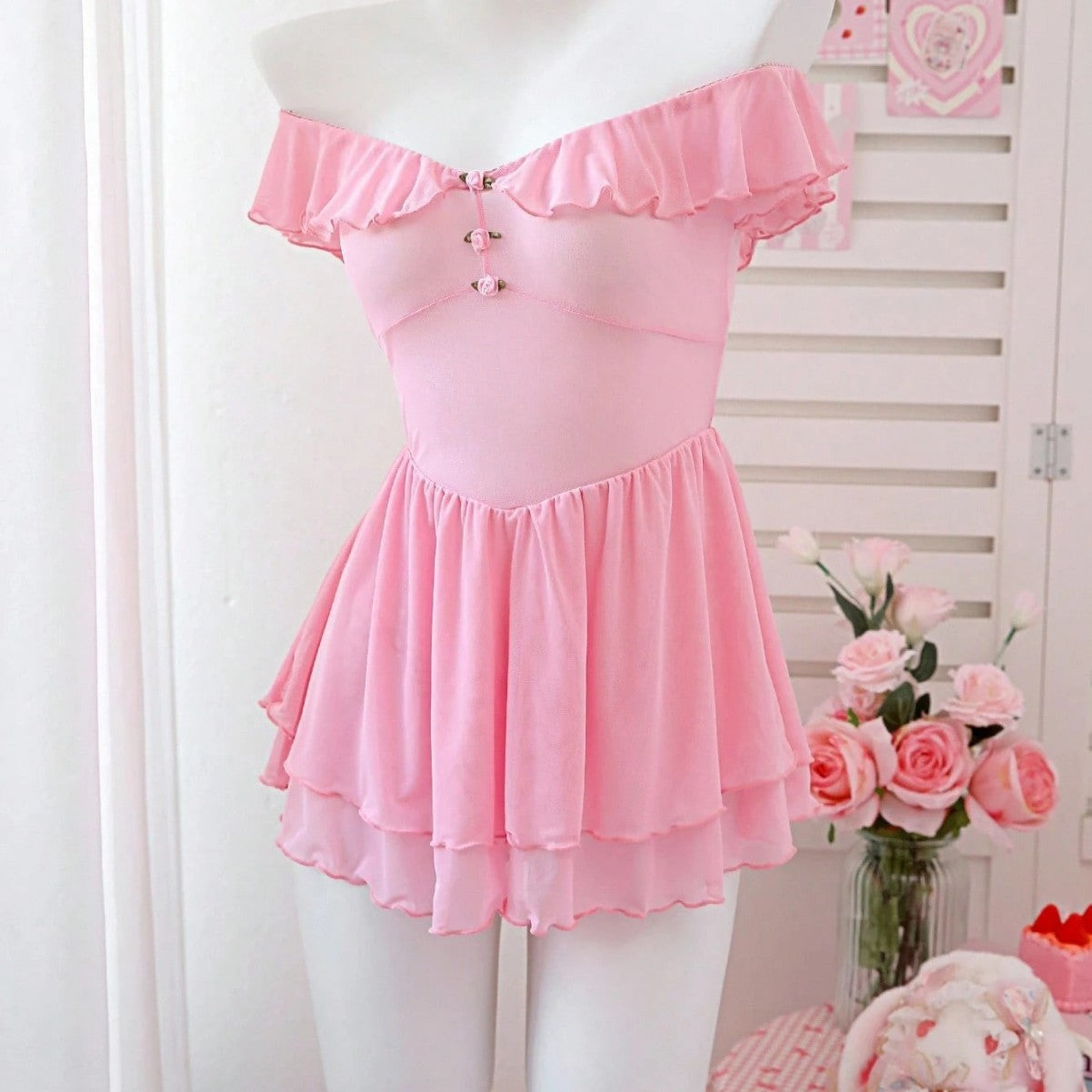 Cross-Border Foreign Trade European and American Sexy See-Through Mesh Dress Temptation Off-Shoulder Pure Desire Style Uniform Sexy Lingerie