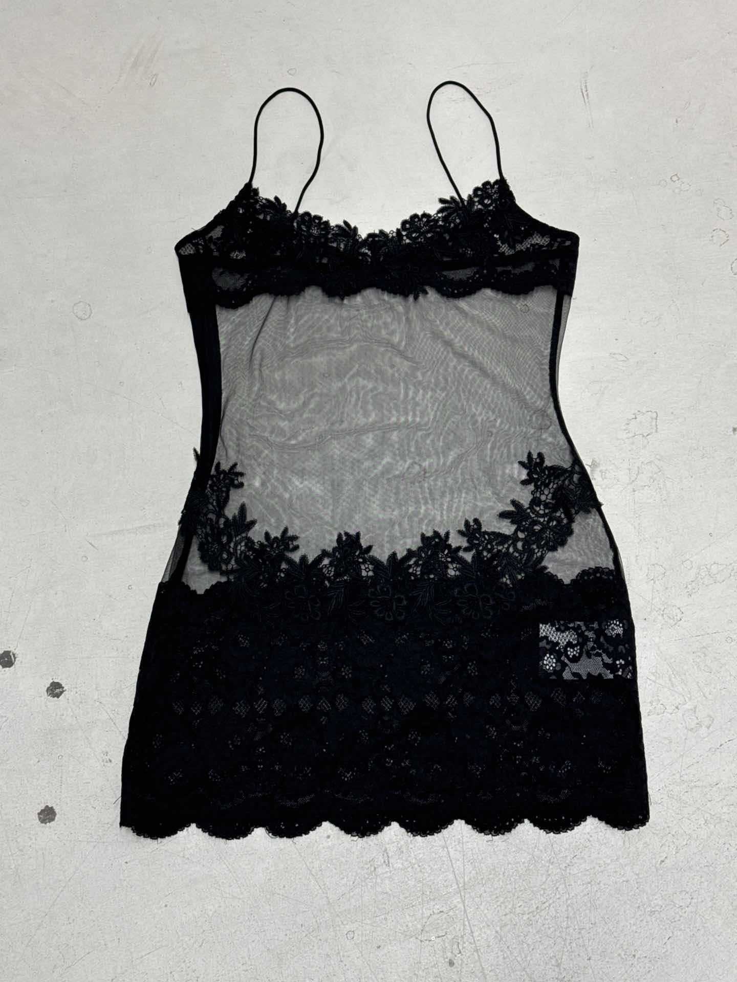European and American Cross-Border Sexy Mesh Lace Sheer Camisole Dress V High Collar Waist Slim Fit Bodycon Skirt Hot Girl Short Skirt