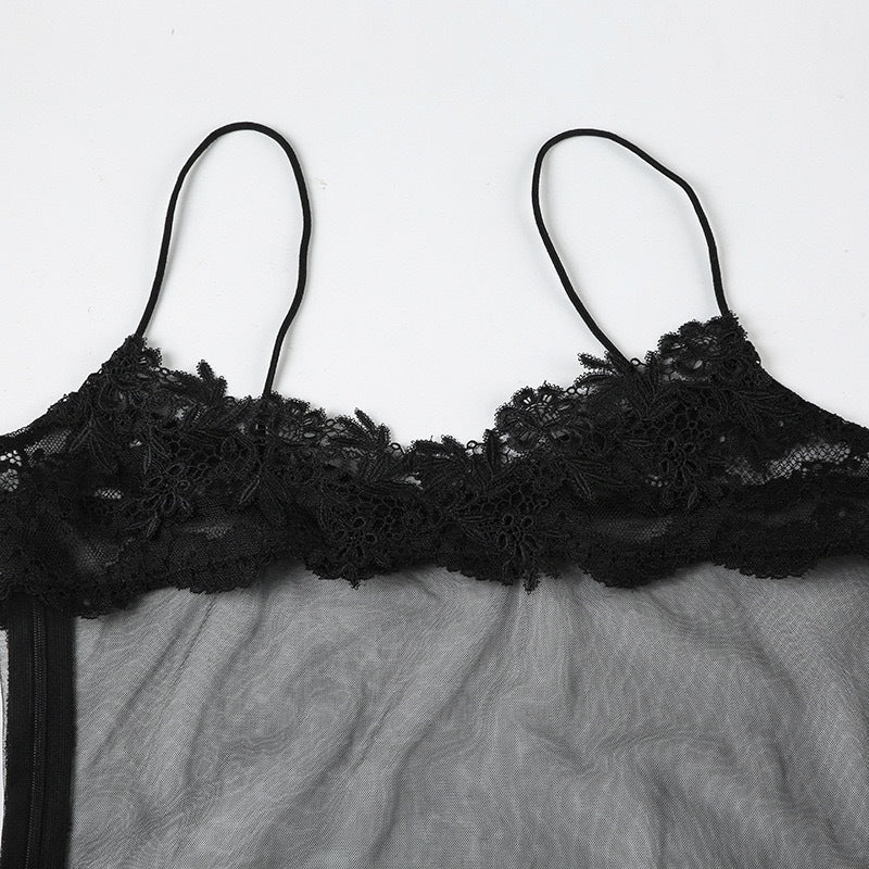 European and American Cross-Border Sexy Mesh Lace Sheer Camisole Dress V High Collar Waist Slim Fit Bodycon Skirt Hot Girl Short Skirt