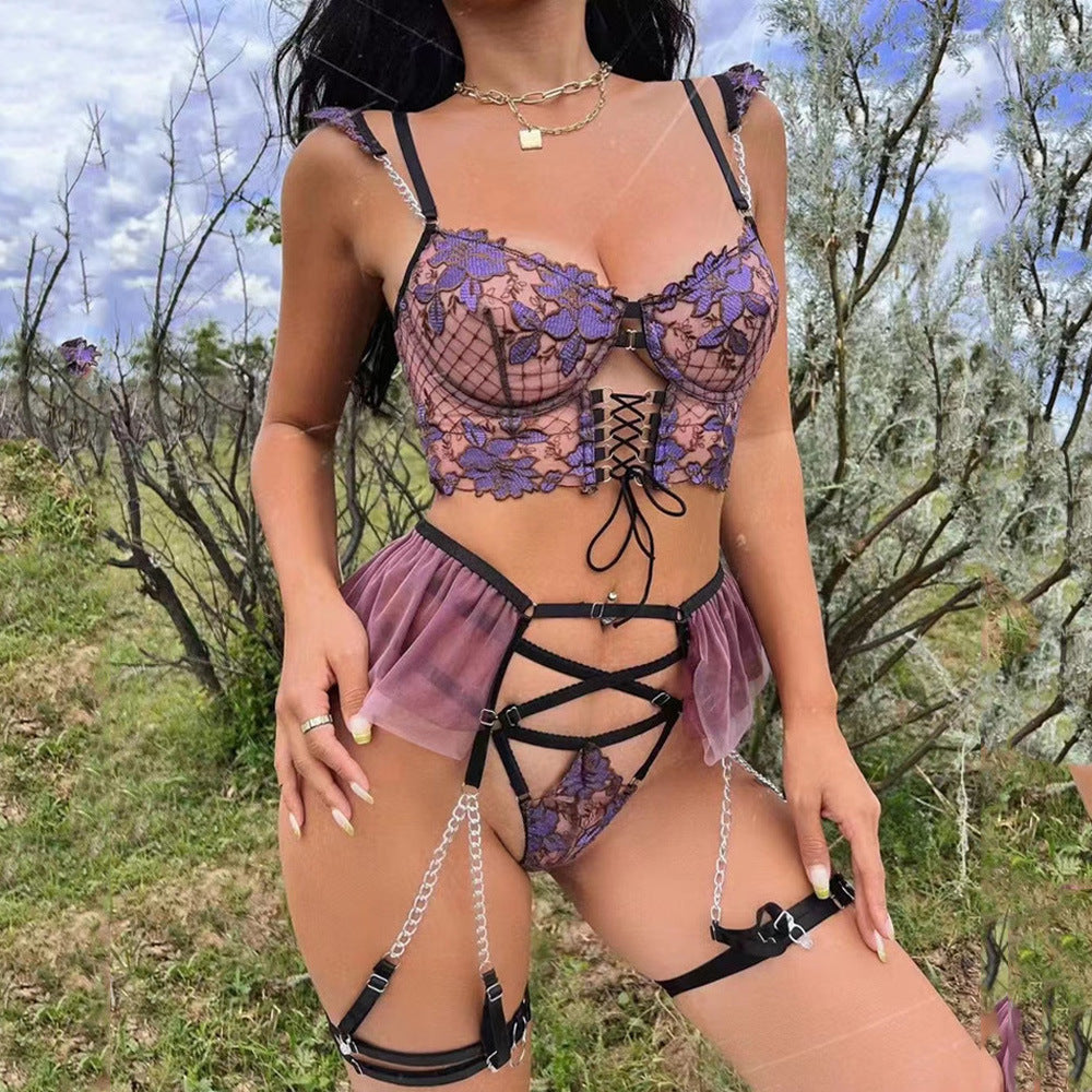 Amazon Cross-Border European and American Thin Embroidered Bra Set Mesh Floral Lingerie Women's Garter Belt Sexy Lingerie Set