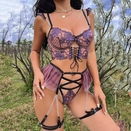 Amazon Cross-Border European and American Thin Embroidered Bra Set Mesh Floral Lingerie Women's Garter Belt Sexy Lingerie Set