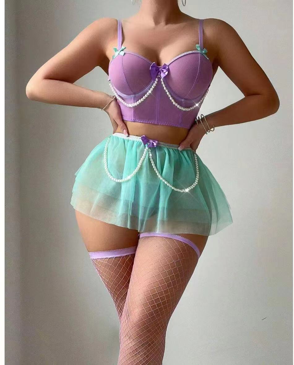 Europe and America Pearl Underwire Set Bead Chain Bowknot Strap Sexy Underwire Lingerie Set