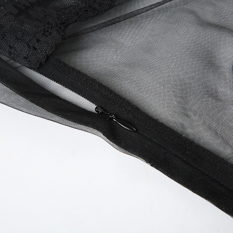 European and American Cross-Border Sexy Mesh Lace Sheer Camisole Dress V High Collar Waist Slim Fit Bodycon Skirt Hot Girl Short Skirt