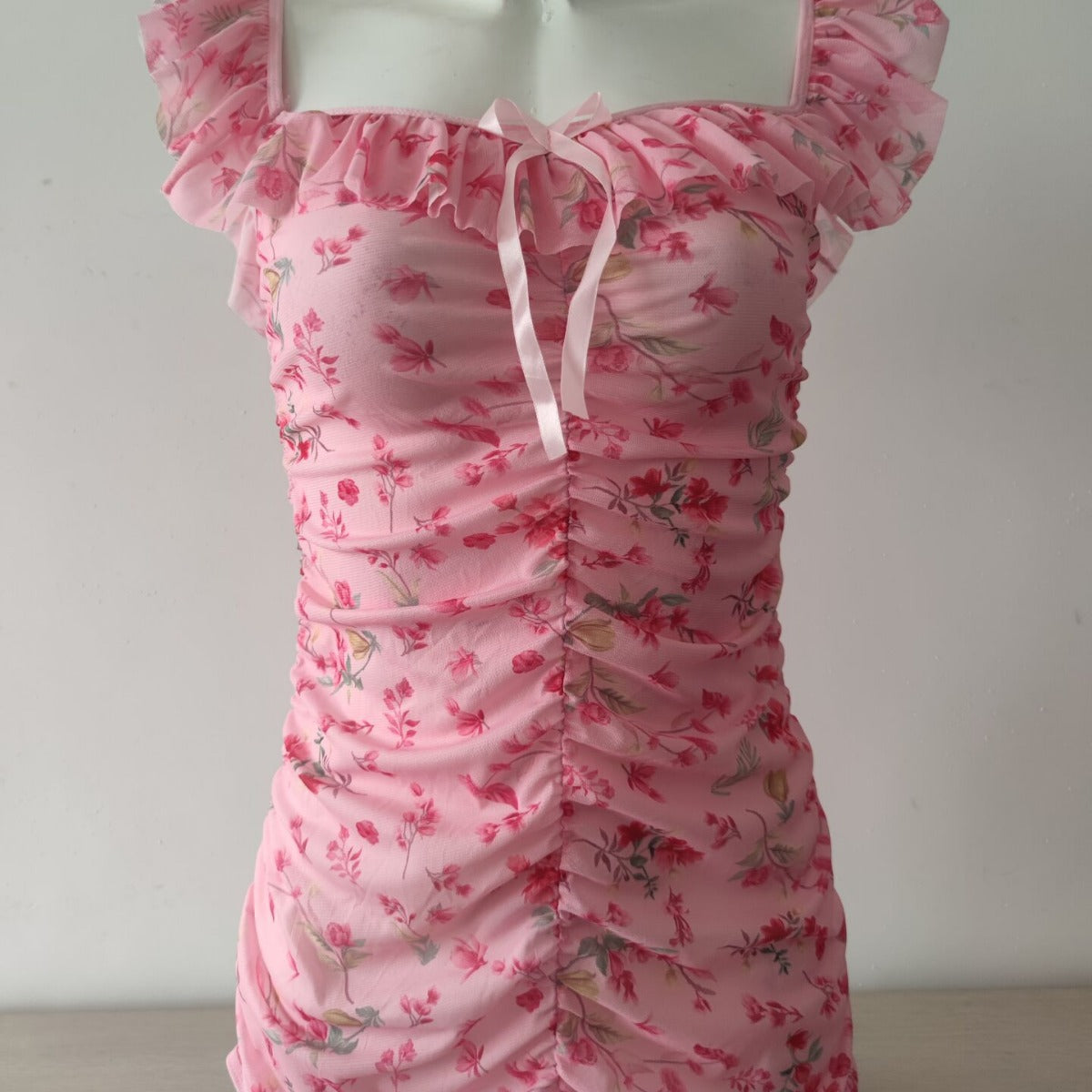 Europe and America Sheer Bloom Set Sexy Floral Lingerie Mesh Printed Ruched Temptation Nightdress Set