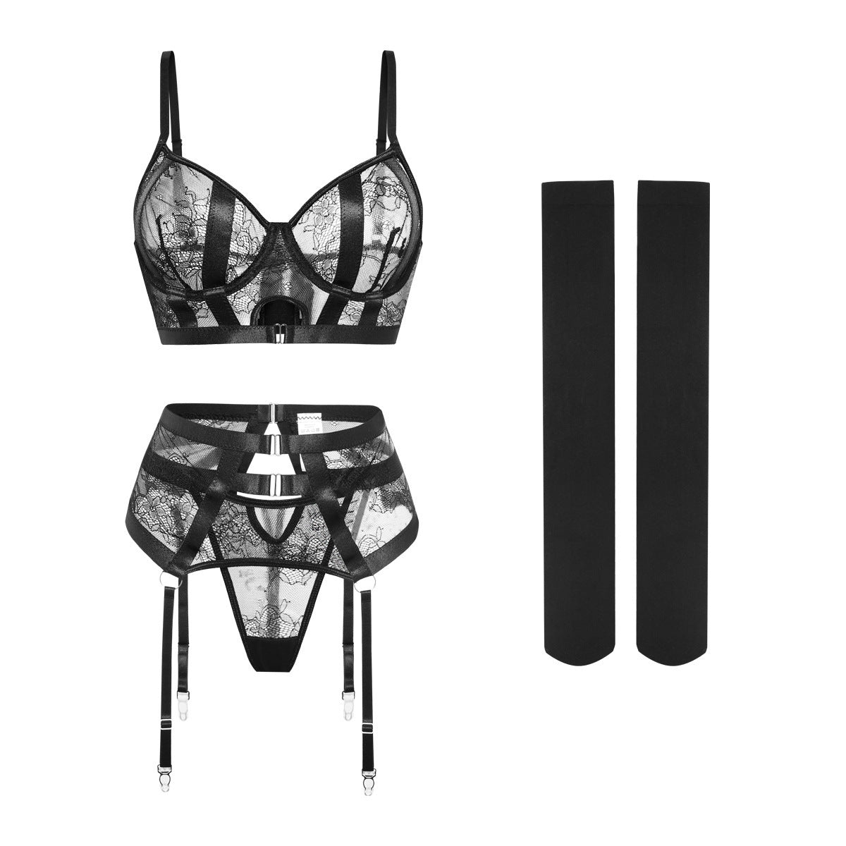 Europe and America Sexy suit Sexy Underwear with Steel Ring Lace Ultra-Thin Four-Piece Set Garter Stockings Bra Set