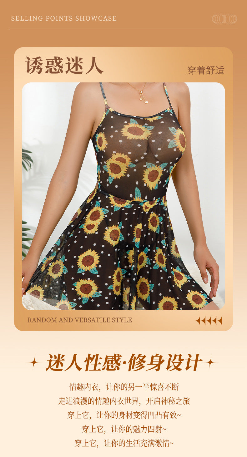 Cross-Border New European and American Sexy Strap Daisy Print Dress Black Sheer Floral Tie Sexy Nightdress