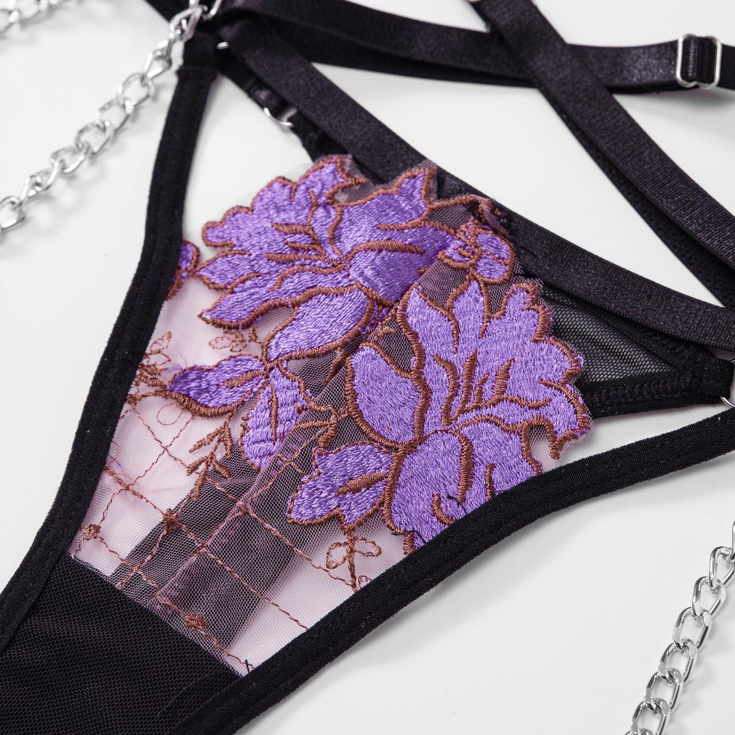 Amazon Cross-Border European and American Thin Embroidered Bra Set Mesh Floral Lingerie Women's Garter Belt Sexy Lingerie Set