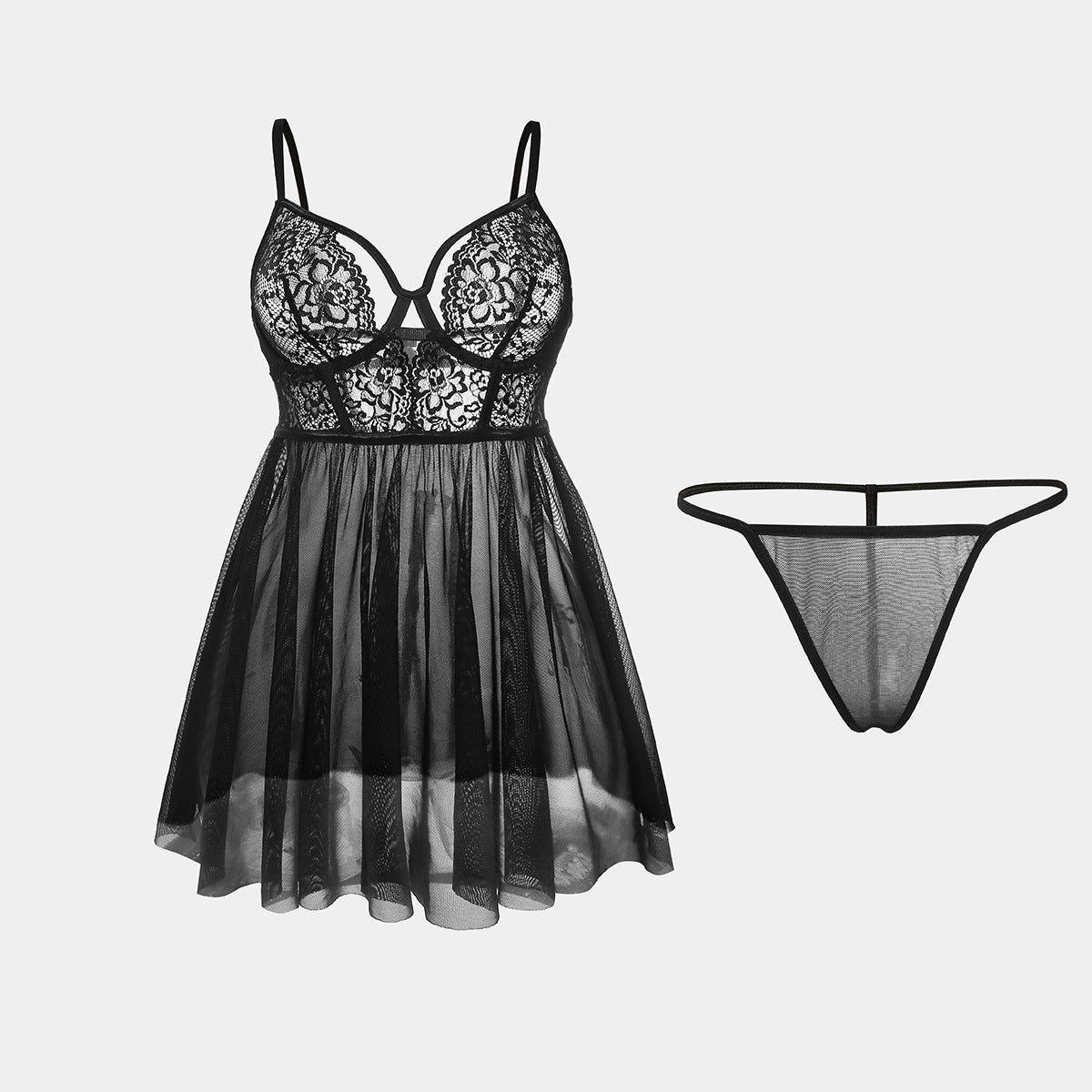 Cross-border Amazon European and American New Sexy Nightdress Ultra-thin Lace Mesh Strap Women's Temptation Erotic Nightwear