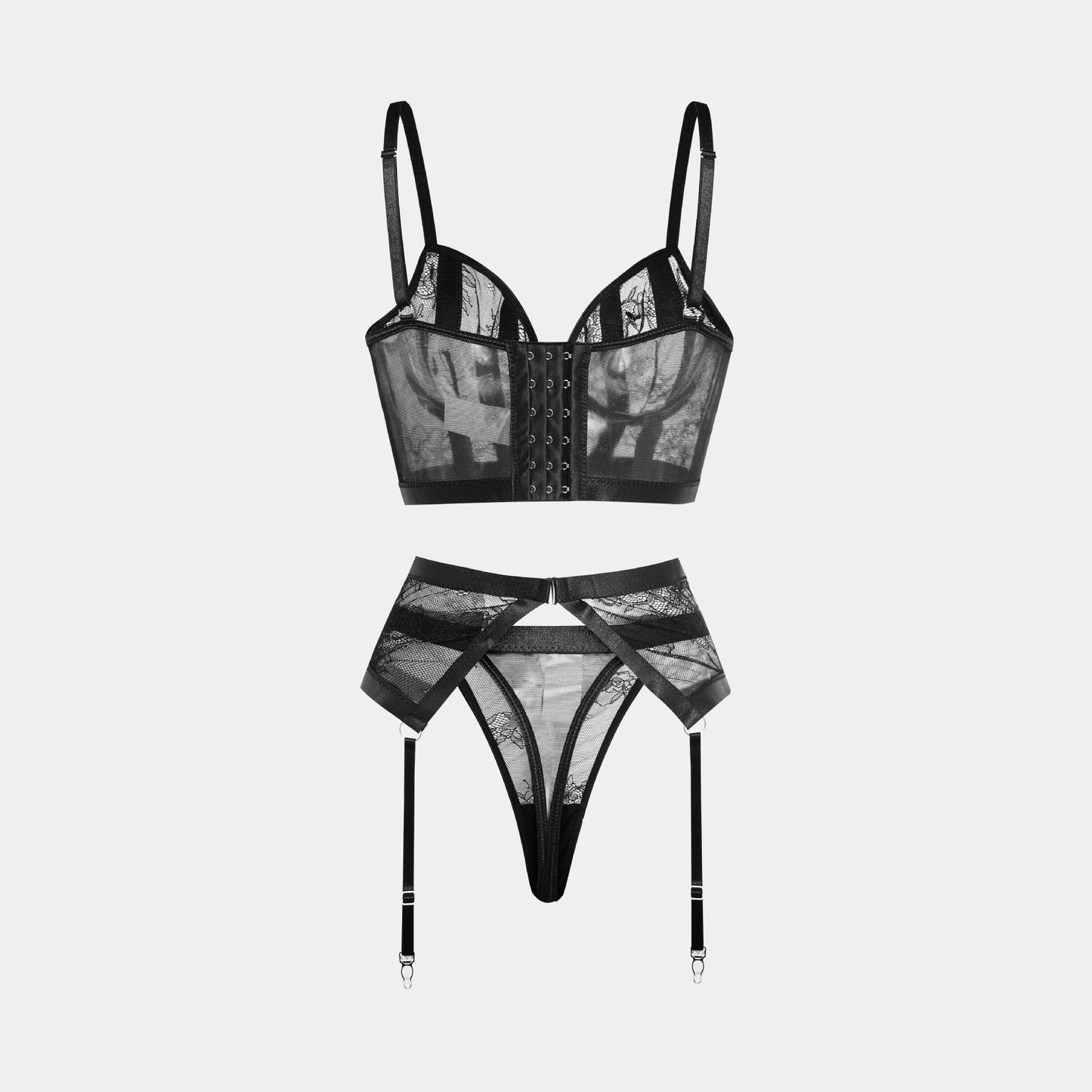 Europe and America Sexy suit Sexy Underwear with Steel Ring Lace Ultra-Thin Four-Piece Set Garter Stockings Bra Set