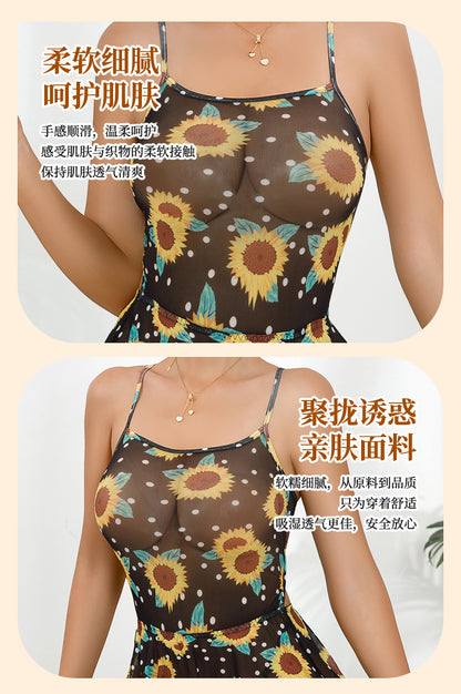 Cross-Border New European and American Sexy Strap Daisy Print Dress Black Sheer Floral Tie Sexy Nightdress