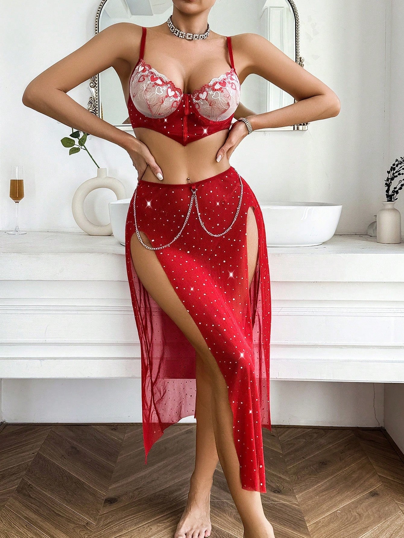 Seductive Lingerie Sexy Hot-Selling Embroidered Bra with Slit Red Three-Piece Set Lingerie for Women