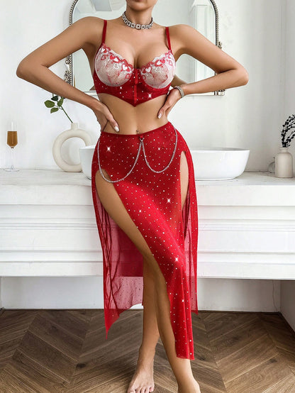 Seductive Lingerie Sexy Hot-Selling Embroidered Bra with Slit Red Three-Piece Set Lingerie for Women