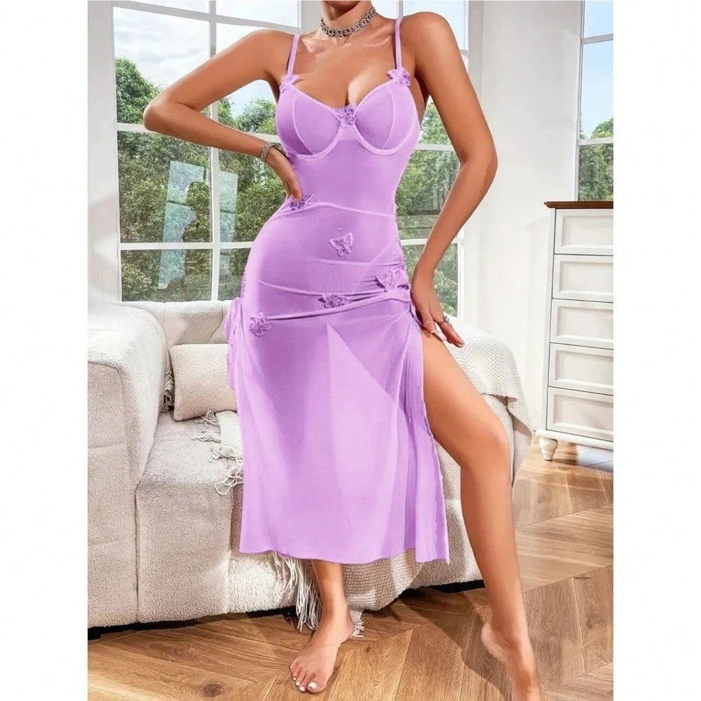 Foreign Trade European and American Style Sexy See-through Mesh Temptation Lace Backless High Slit Erotic Lingerie Camisole Dress for Women