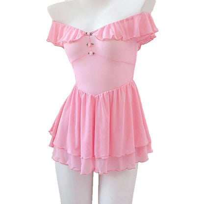 Cross-Border Foreign Trade European and American Sexy See-Through Mesh Dress Temptation Off-Shoulder Pure Desire Style Uniform Sexy Lingerie