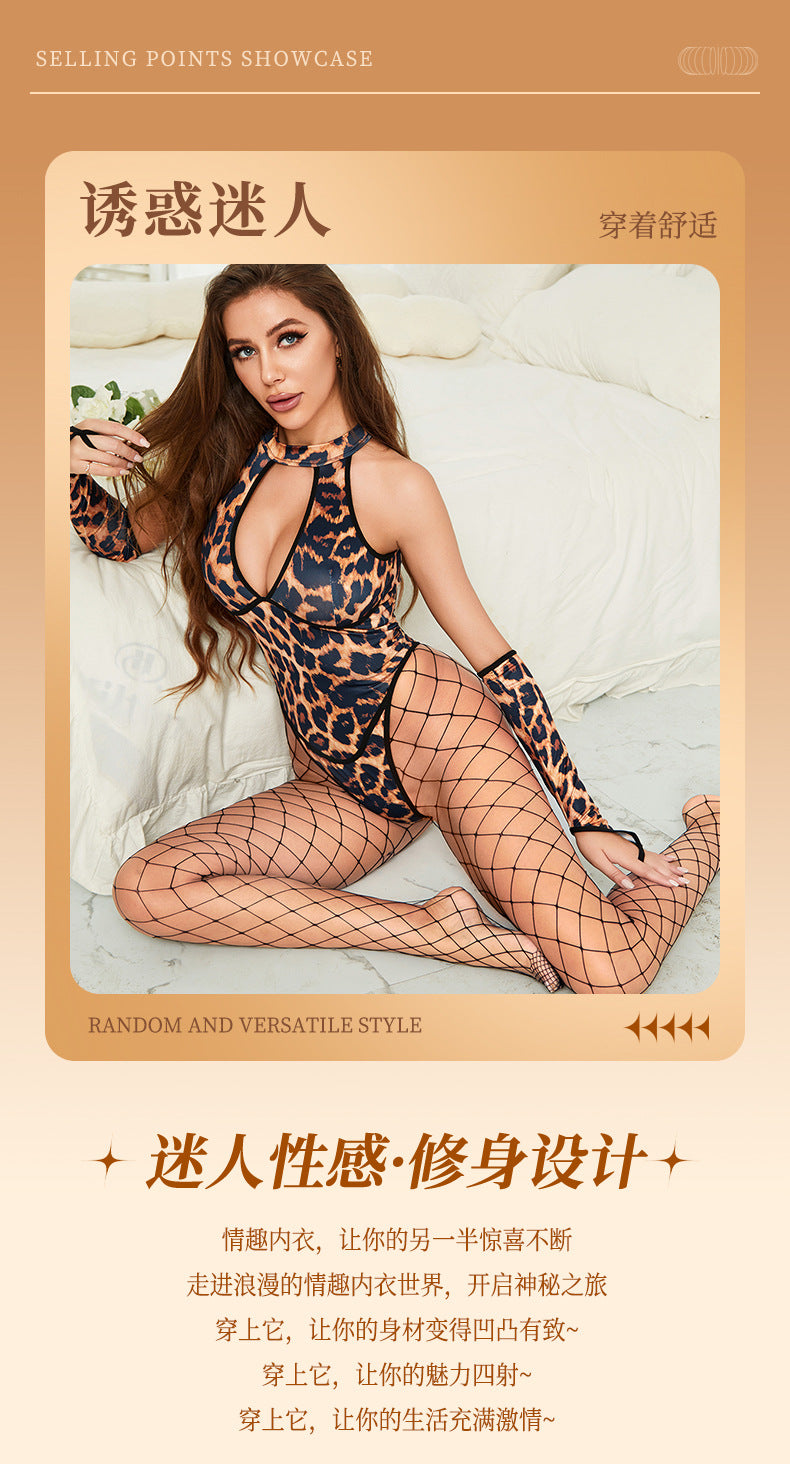 Sexy leopard suit European and American Style Fishnet Leopard Print Sexy Hollow Design Three-Piece Lingerie Set