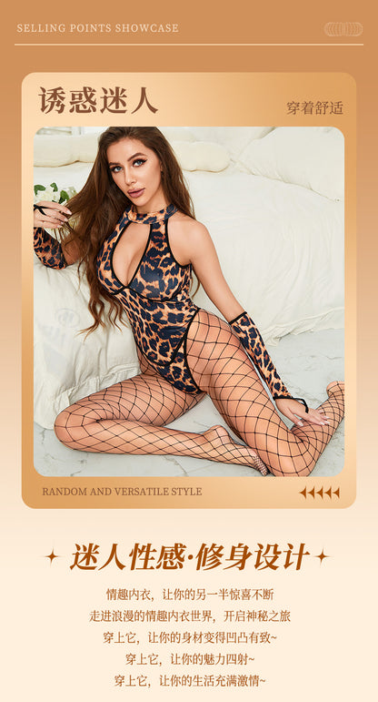 Sexy leopard suit European and American Style Fishnet Leopard Print Sexy Hollow Design Three-Piece Lingerie Set