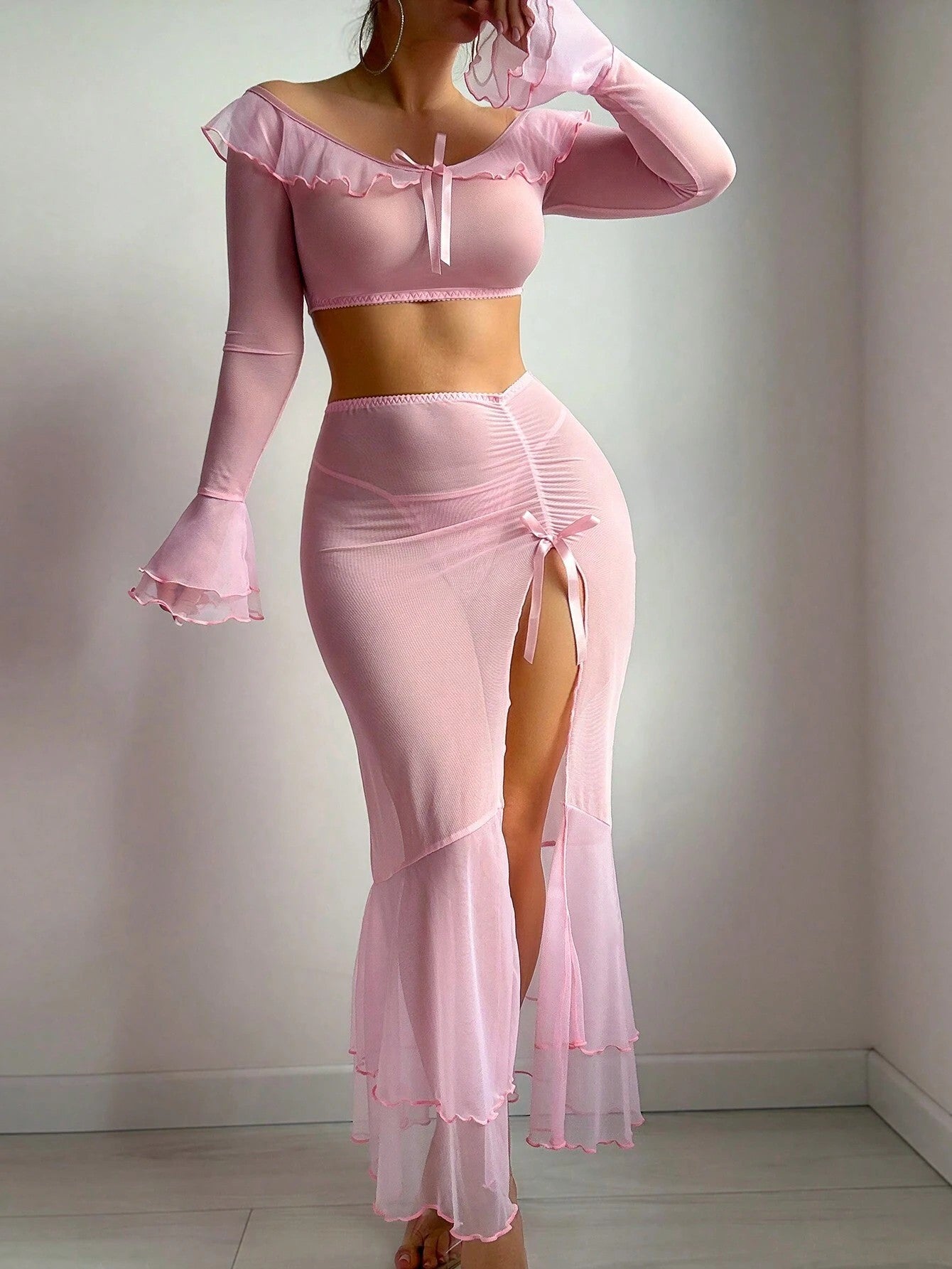 High-Slit Lingerie Dress Mesh Uniform High Slit Long Skirt Sexy Lingerie Set