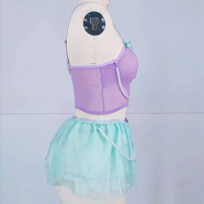 Europe and America Pearl Underwire Set Bead Chain Bowknot Strap Sexy Underwire Lingerie Set