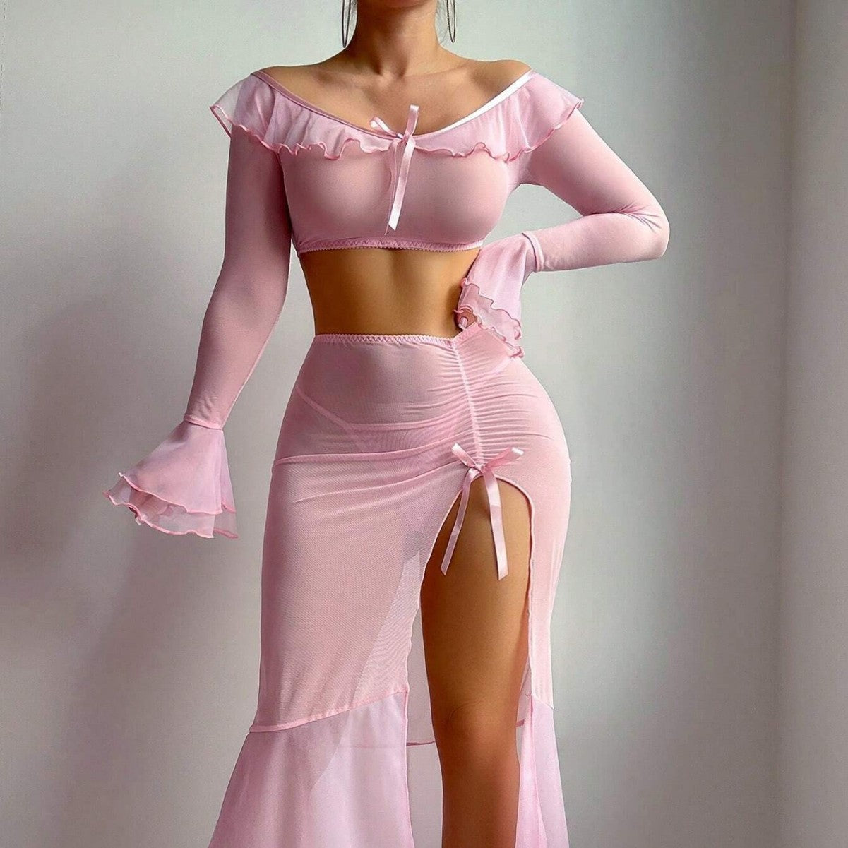 High-Slit Lingerie Dress Mesh Uniform High Slit Long Skirt Sexy Lingerie Set