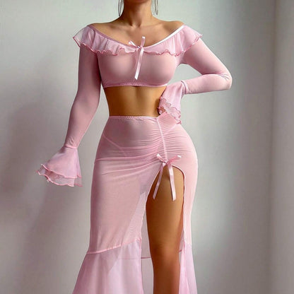 High-Slit Lingerie Dress Mesh Uniform High Slit Long Skirt Sexy Lingerie Set