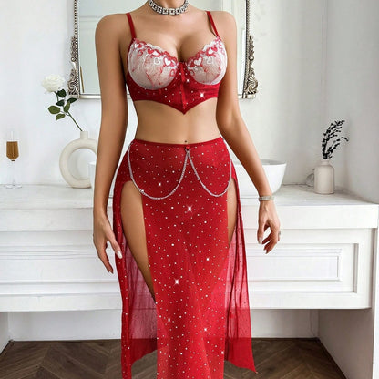 Seductive Lingerie Sexy Hot-Selling Embroidered Bra with Slit Red Three-Piece Set Lingerie for Women