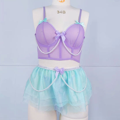 Europe and America Pearl Underwire Set Bead Chain Bowknot Strap Sexy Underwire Lingerie Set