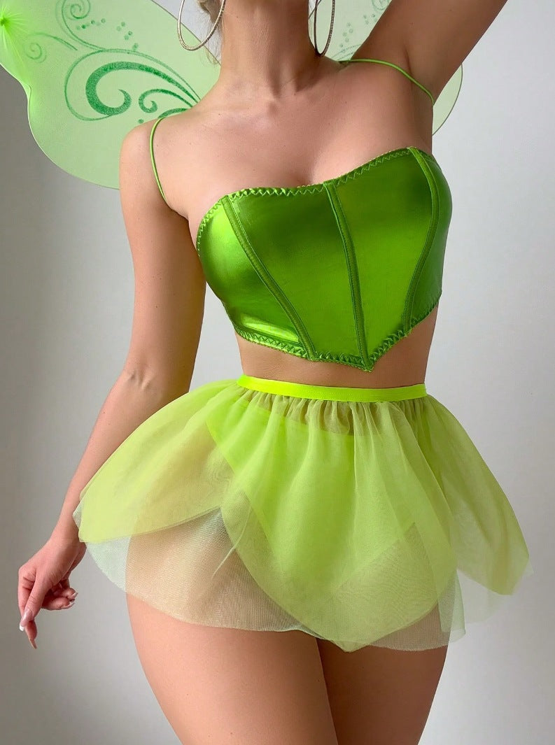 INS European and American Cross-Border Sexy Backless Butterfly Strap Bra Green Sheer Mesh Dress Erotic Lingerie Four-Piece Set