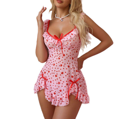 Europe and America Pink Heart Chemise Strappy Nightdress Pink Heart Cute Sweet Sleepwear Sexy Thong