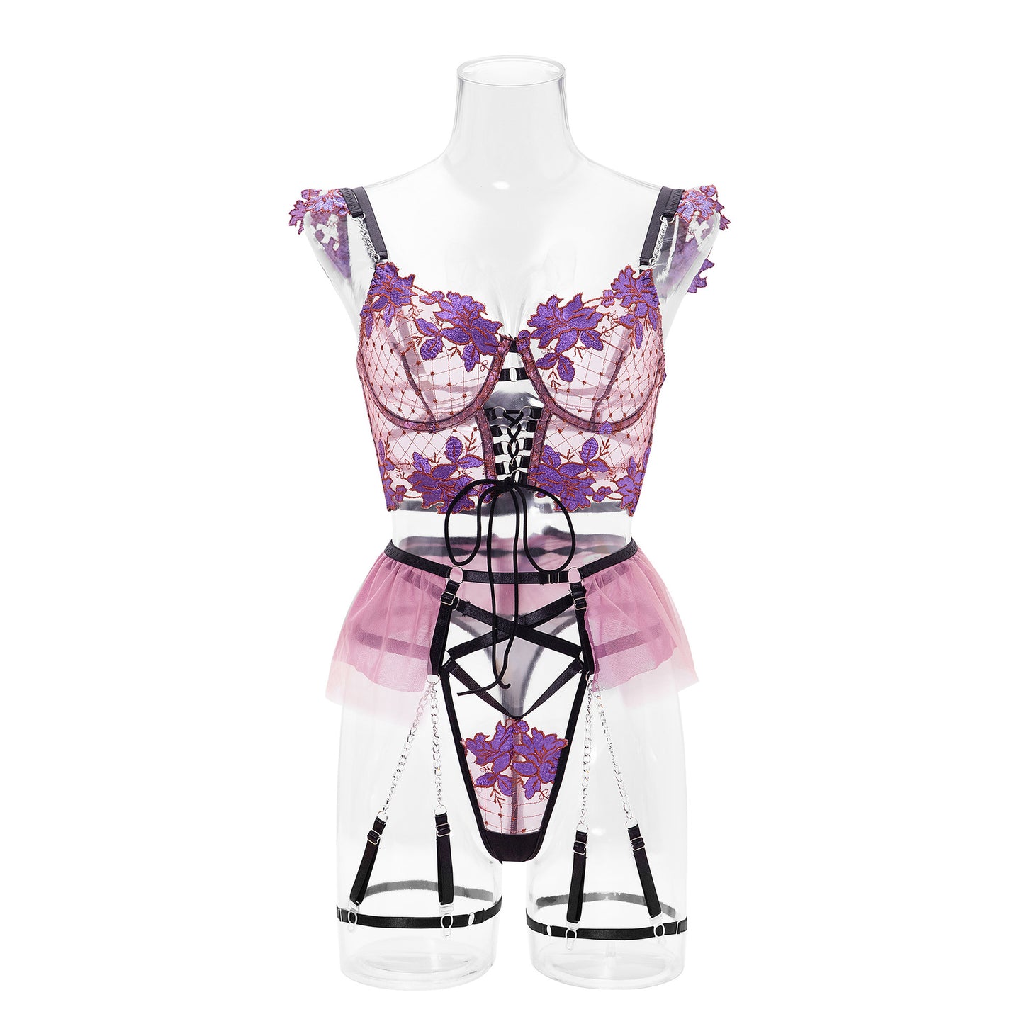 Amazon Cross-Border European and American Thin Embroidered Bra Set Mesh Floral Lingerie Women's Garter Belt Sexy Lingerie Set