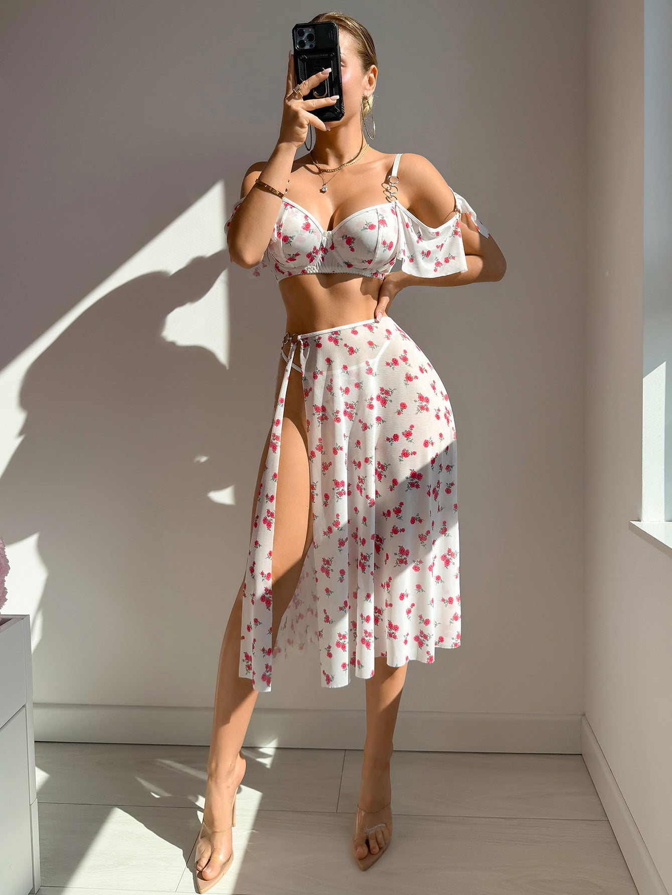 Sexy lingerie sets European and American Hot-Selling Sexy Patchwork Hollow Mesh Leopard Print Lingerie Set