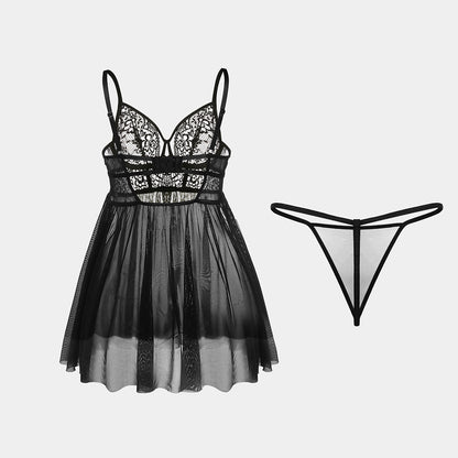 Cross-border Amazon European and American New Sexy Nightdress Ultra-thin Lace Mesh Strap Women's Temptation Erotic Nightwear