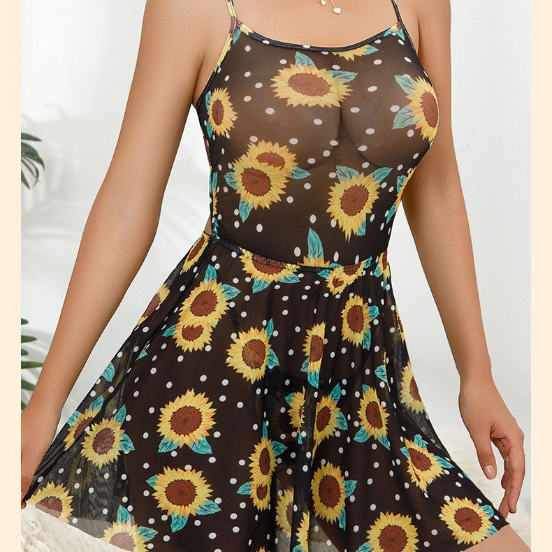 Cross-Border New European and American Sexy Strap Daisy Print Dress Black Sheer Floral Tie Sexy Nightdress