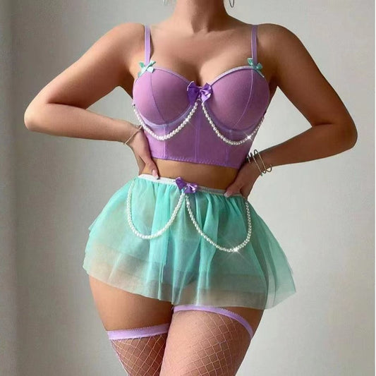 Europe and America Pearl Underwire Set Bead Chain Bowknot Strap Sexy Underwire Lingerie Set