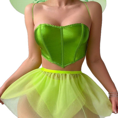 INS European and American Cross-Border Sexy Backless Butterfly Strap Bra Green Sheer Mesh Dress Erotic Lingerie Four-Piece Set