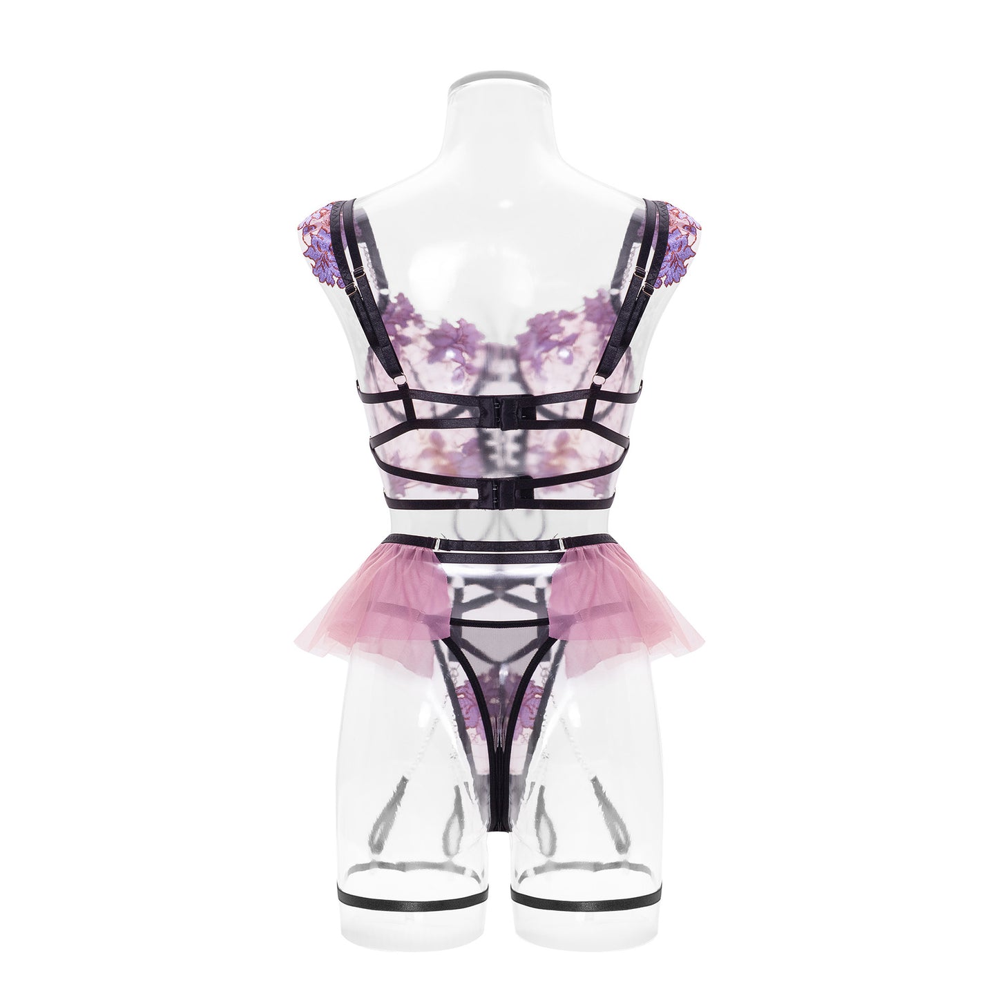 Amazon Cross-Border European and American Thin Embroidered Bra Set Mesh Floral Lingerie Women's Garter Belt Sexy Lingerie Set