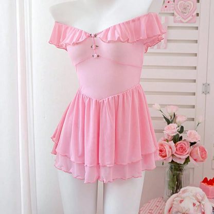 Cross-Border Foreign Trade European and American Sexy See-Through Mesh Dress Temptation Off-Shoulder Pure Desire Style Uniform Sexy Lingerie