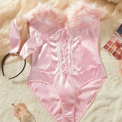Lingerie Bodystocking Sexy Pink Bunny Girl Uniform Furry Bunny Ears and Tail Jumpsuit