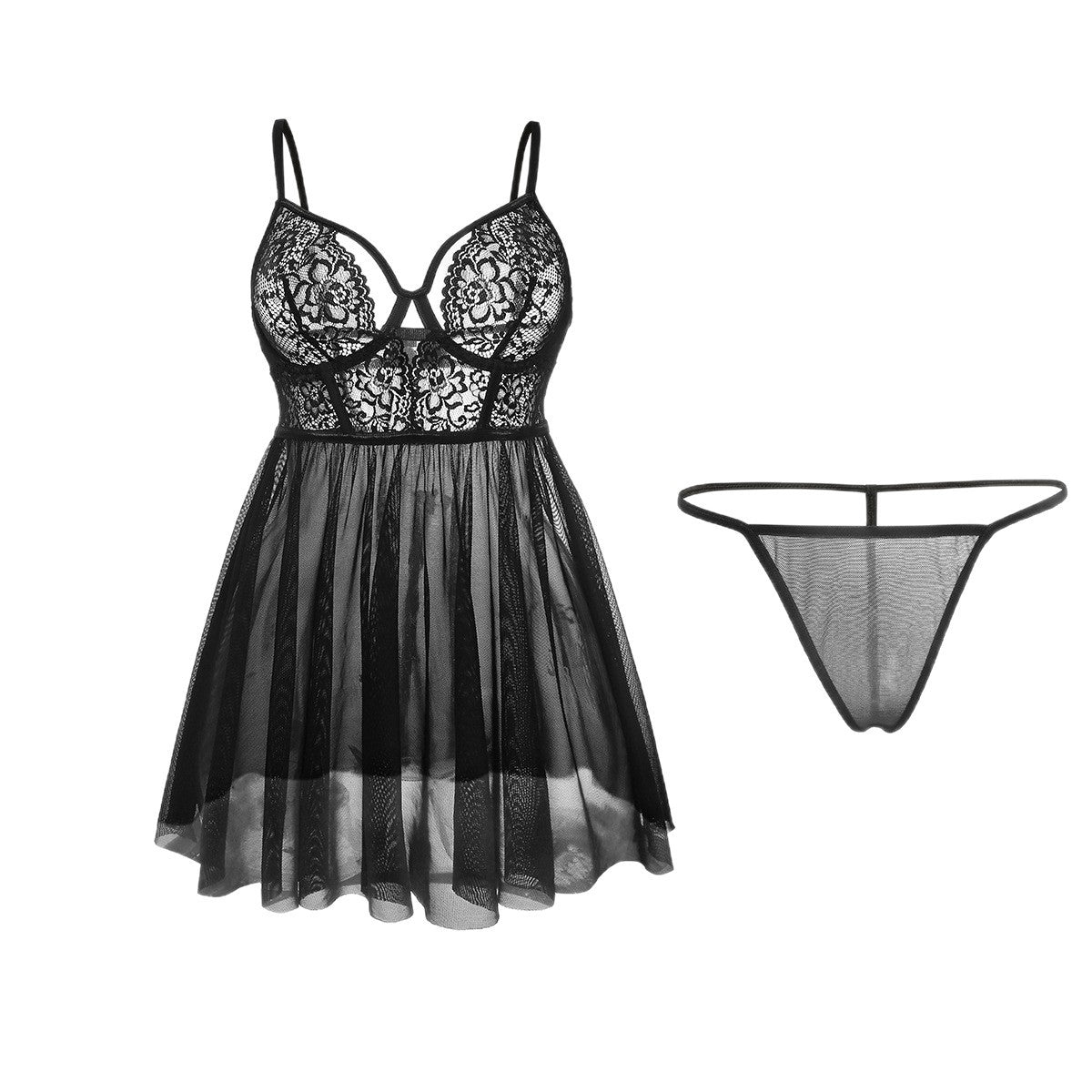 Cross-border Amazon European and American New Sexy Nightdress Ultra-thin Lace Mesh Strap Women's Temptation Erotic Nightwear