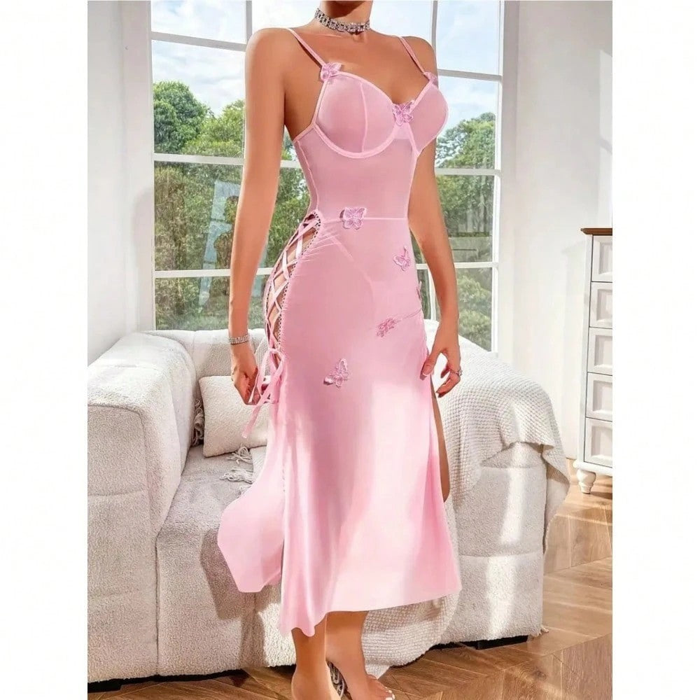 Foreign Trade European and American Style Sexy See-through Mesh Temptation Lace Backless High Slit Erotic Lingerie Camisole Dress for Women