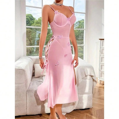 Foreign Trade European and American Style Sexy See-through Mesh Temptation Lace Backless High Slit Erotic Lingerie Camisole Dress for Women