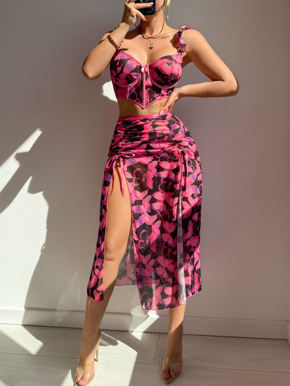 Sexy dress Cross-border European and American New Hollow-out Printed Vacation One-piece Sexy Hot Girl Female Sexy Lingerie Set