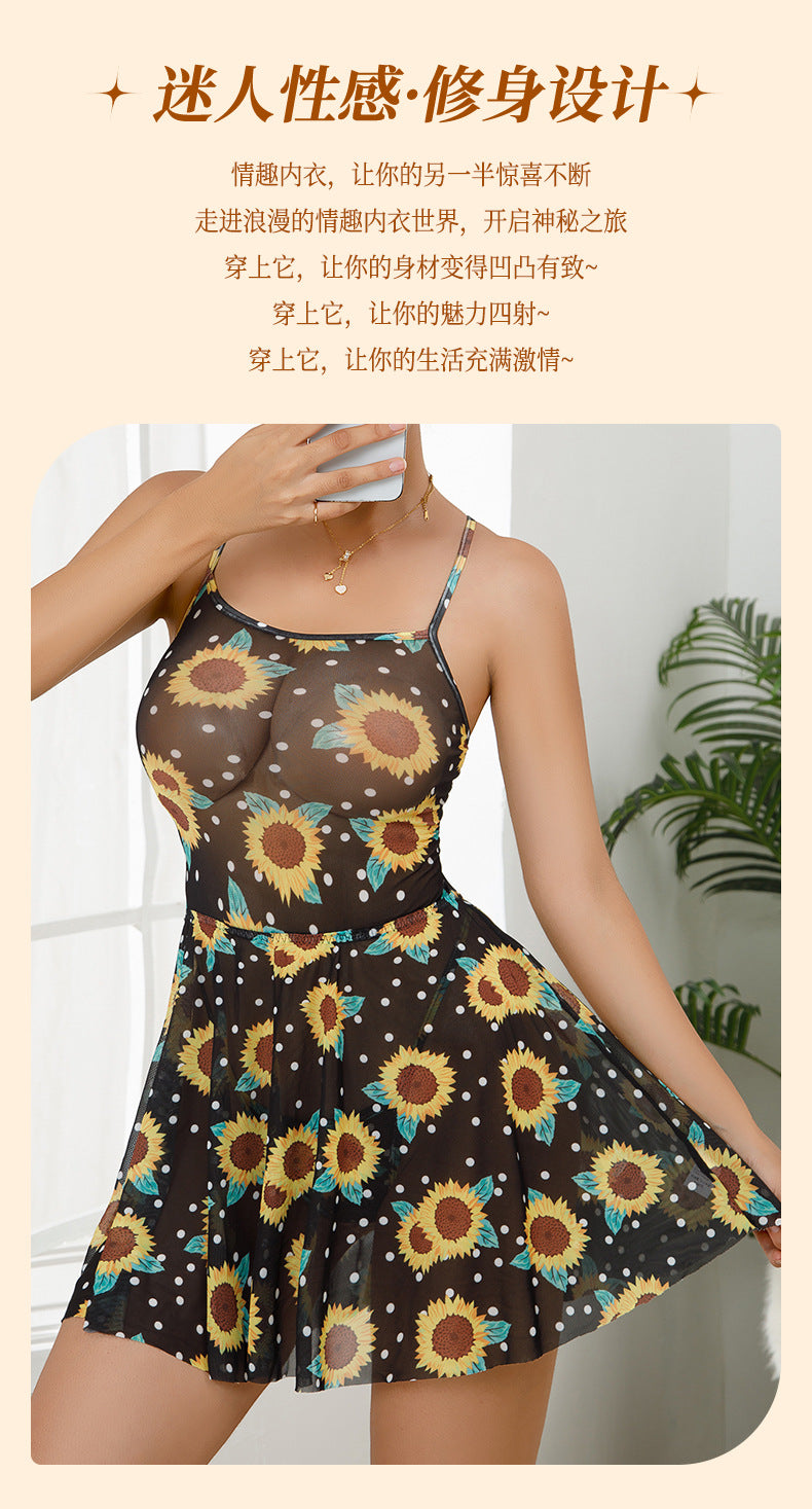 Cross-Border New European and American Sexy Strap Daisy Print Dress Black Sheer Floral Tie Sexy Nightdress