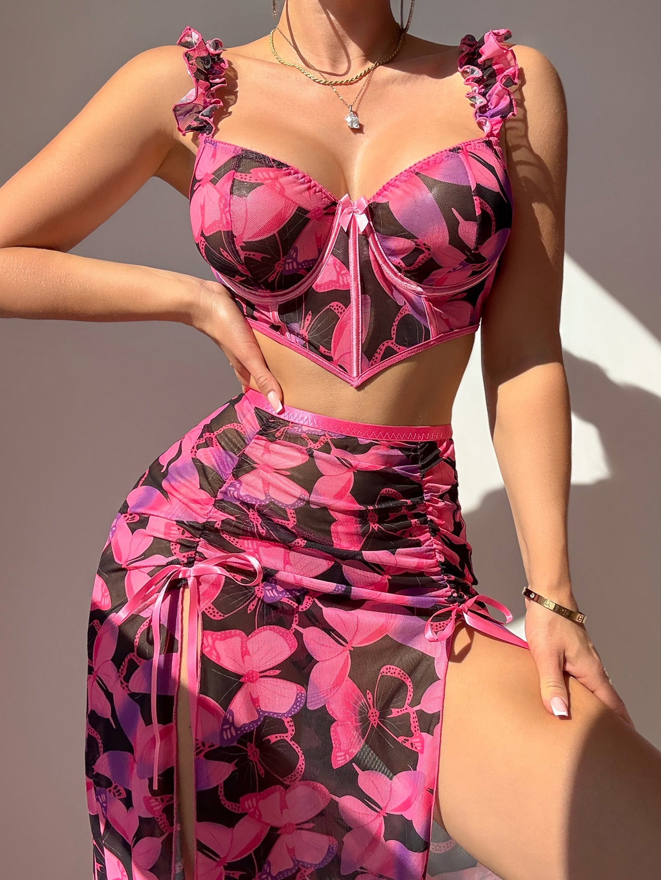 Sexy dress Cross-border European and American New Hollow-out Printed Vacation One-piece Sexy Hot Girl Female Sexy Lingerie Set