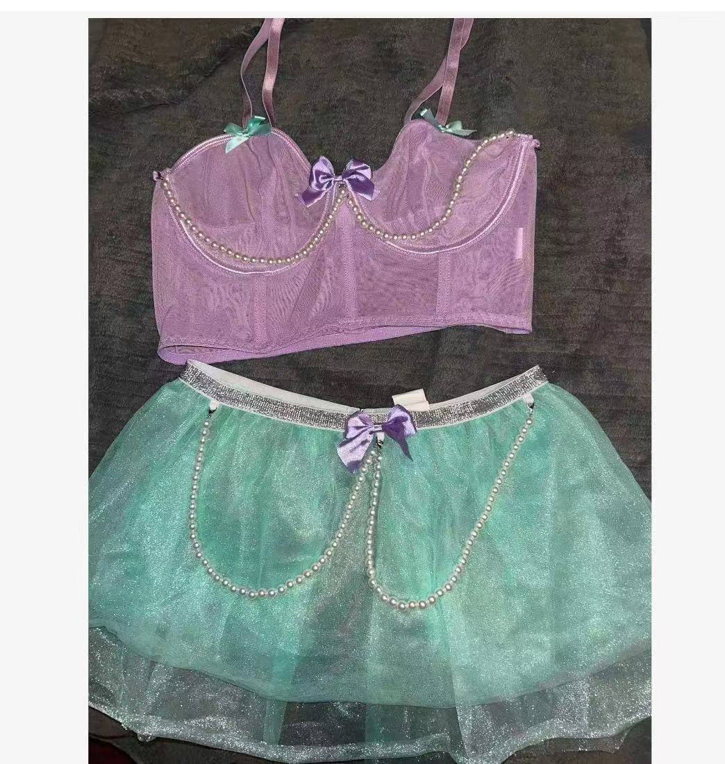 Europe and America Pearl Underwire Set Bead Chain Bowknot Strap Sexy Underwire Lingerie Set