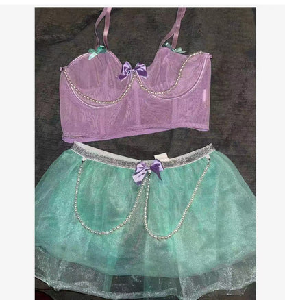 Europe and America Pearl Underwire Set Bead Chain Bowknot Strap Sexy Underwire Lingerie Set