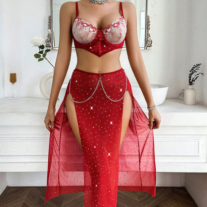 Seductive Lingerie Sexy Hot-Selling Embroidered Bra with Slit Red Three-Piece Set Lingerie for Women